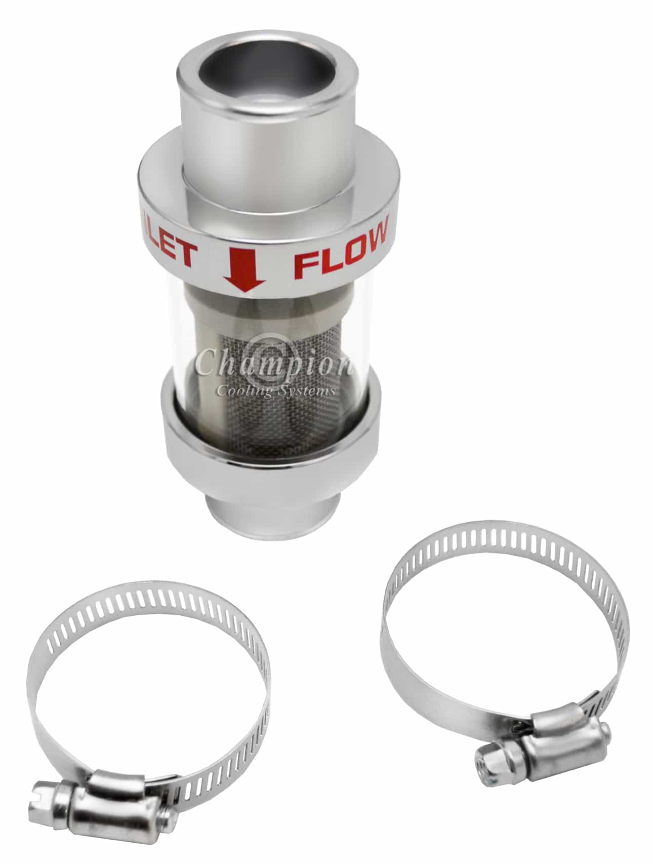 Inline Radiator Hose Filter 1 1/2" — Chrome (See-Through Coolant Filter) — alternate view