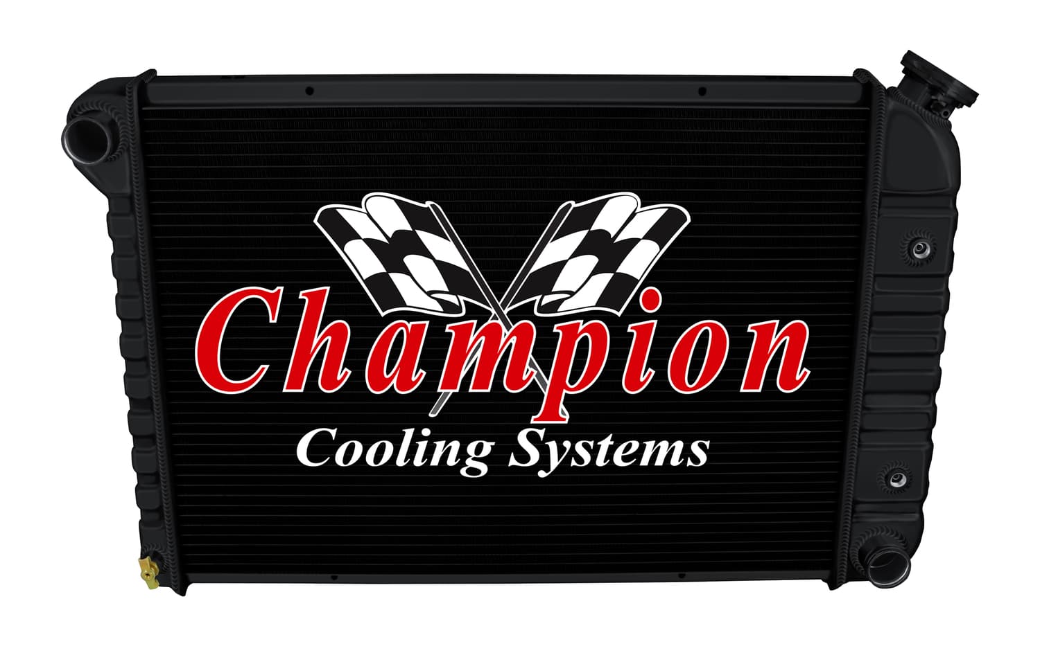 73-74 Pontiac Ventura Aluminum Radiator — Champion 412-CC-BLK (Stamped Tanks, OEM Look)